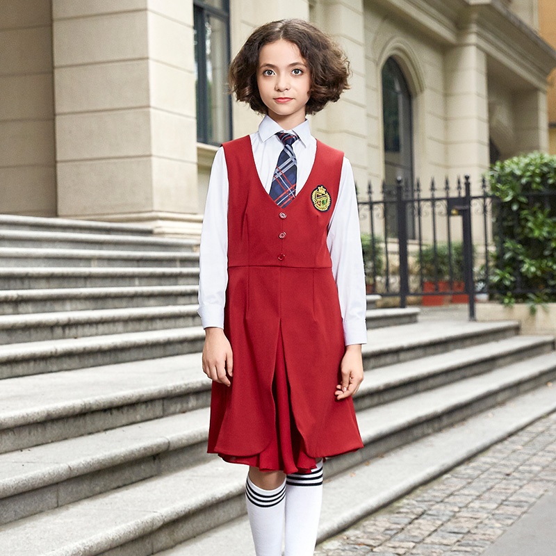 Uniforme escolar personalizado de algodón/poliéster para niña, uniforme escolar rojo para niña, delantales escolares para niñas