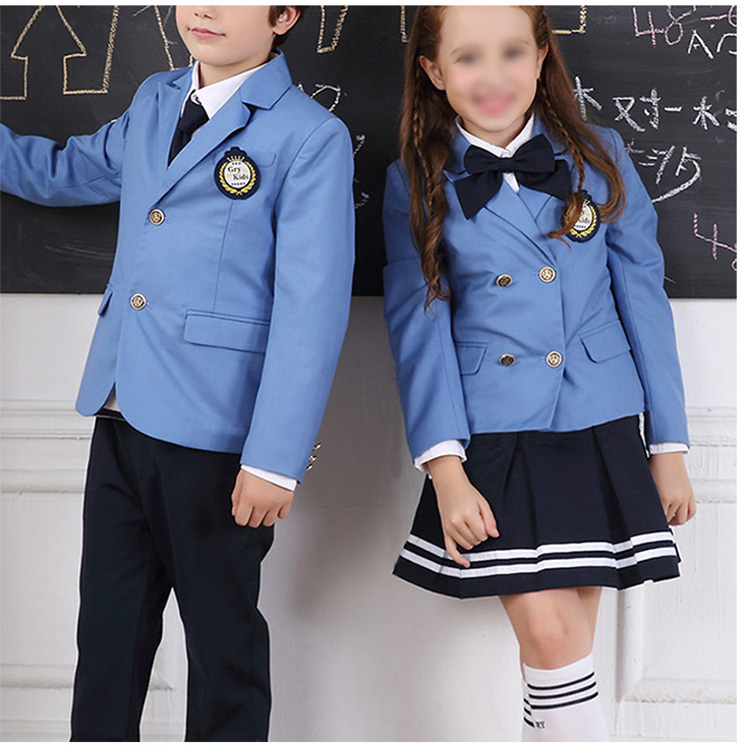 Conjunto de chaqueta azul de un solo pecho de manga larga para escuela de estudiantes de diseño personalizado con bolsillo