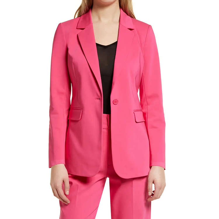 Traje con cuello en V de un solo botón de manga larga para mujer de color rosa sólido con bolsillo