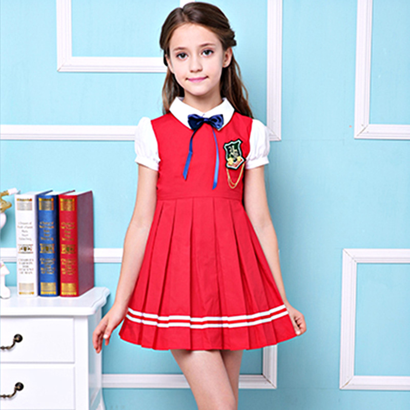 Uniforme de escuela primaria de Kindergarten Color liso con cremallera en la espalda vestidos plisados ​​para niñas