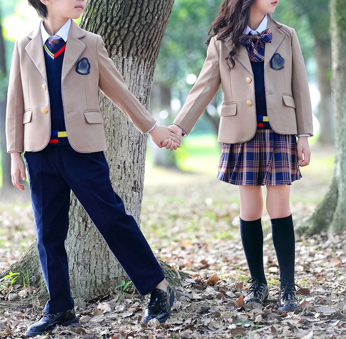 Uniformes escolares de diseño personalizado para niñas y niños de primaria, traje de chaqueta marrón claro de un solo pecho