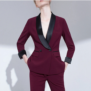Traje de chaqueta rojo de manga larga de un solo pecho de oficina para mujer con cuello en V negro de diseño personalizado con bolsillo
