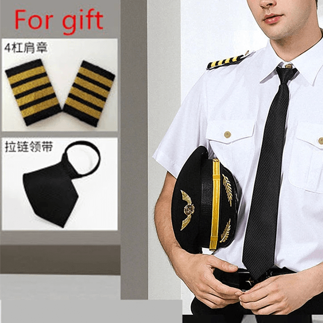 Botón de avión para hombre de manga corta, uniformes de piloto de línea aérea blanca, estilista de moda, ropa de trabajo negra ajustada