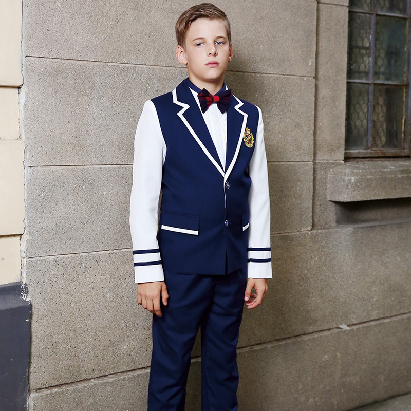Nuevos diseños, uniformes escolares azul marino de empalme personalizados, conjuntos de chaqueta escolar para niños y niñas 
