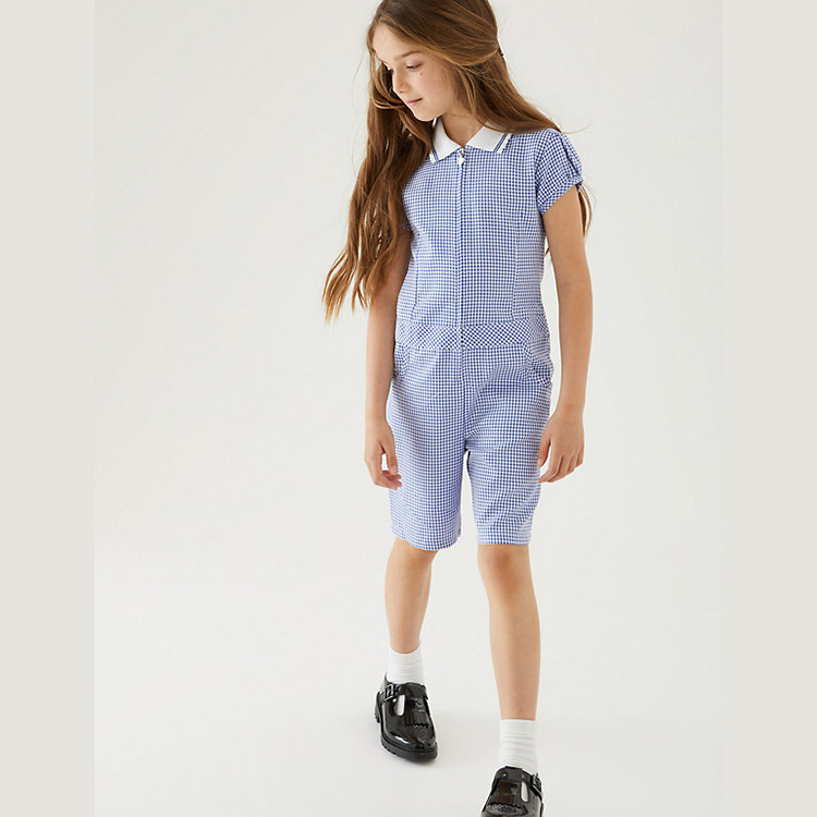 Diseño personalizado escuela de verano ropa diaria cremallera frontal a cuadros azul manga corta niños monos niños una pieza de ropa