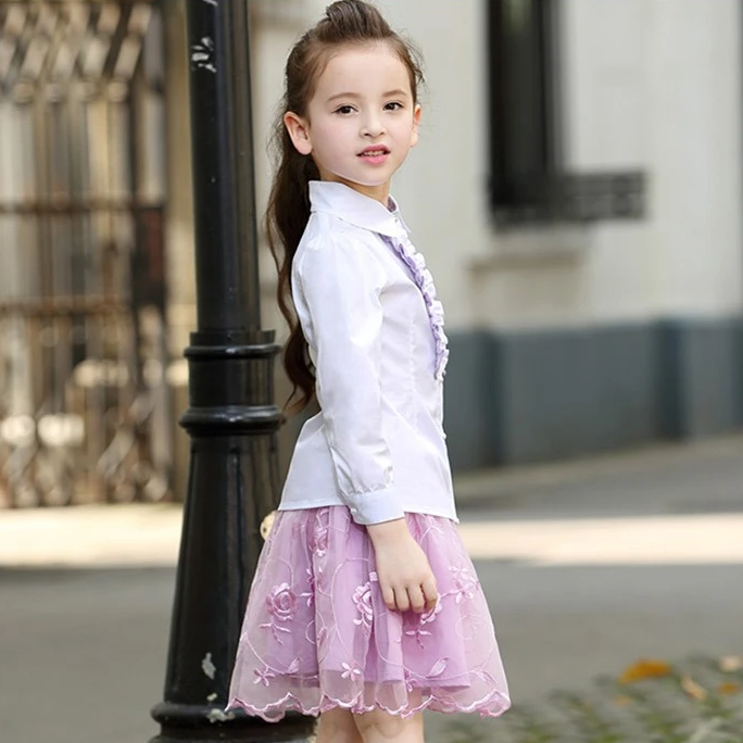 Diseño personalizado 2 piezas estilo princesa niñas encaje manga larga camisa blanca y falda de gasa