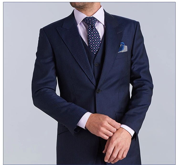 Conjunto de traje de chaqueta formal con cuello en V de un solo pecho a rayas azul oscuro de diseño personalizado de 4 piezas para hombres