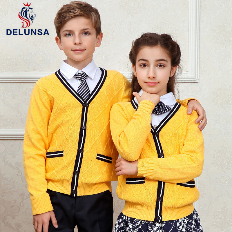 Diseño personalizado del uniforme escolar de la rebeca del suéter del frente abierto del amarillo de la moda del color sólido
