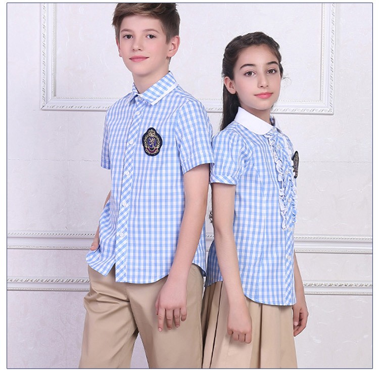Conjunto de camisa a cuadros de manga corta con uniforme de estudiante de escuela primaria de diseño personalizado de verano