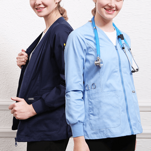 Chaqueta médica, ropa de trabajo Unisex, abrigo exterior, uniformes de trabajo de enfermera, puños de punto ligeros, túnica frontal con cremallera 19JK001