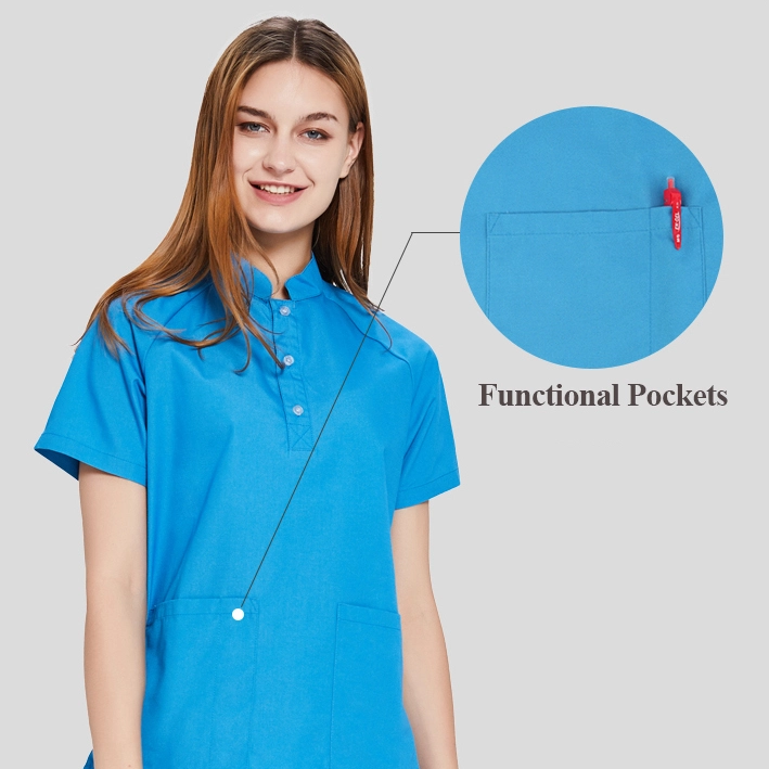 Diseños de uniformes de enfermera azul de moda con cuello en V personalizados uniformes de enfermera conjunto médico