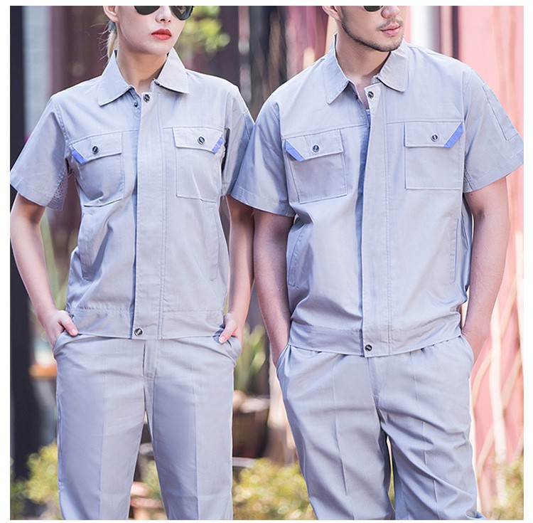 Traje de uniforme de trabajador con cremallera de manga corta de fábrica de ropa de verano de diseño personalizado con bolsillo
