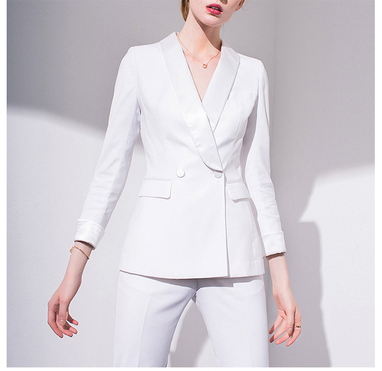 Conjunto de traje de chaqueta de un solo pecho de manga larga de oficina para mujer de Color blanco sólido de estilo Simple de diseño personalizado con bolsillo