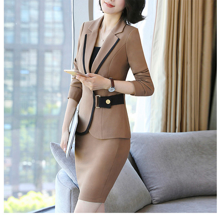 Chaqueta y falda de manga larga de mujer marrón con cinturón de diseño único de moda
