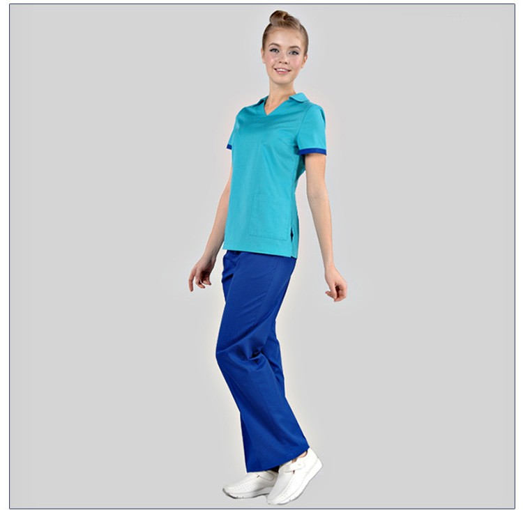 Uniforme de hospital con cuello en V de manga corta con diseños de traje de enfermera de moda verde azulado