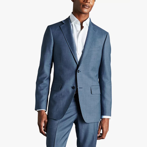 Traje tejido con cuello en V de un solo pecho informal de oficina para hombres jóvenes azul acero de moda de diseño personalizado