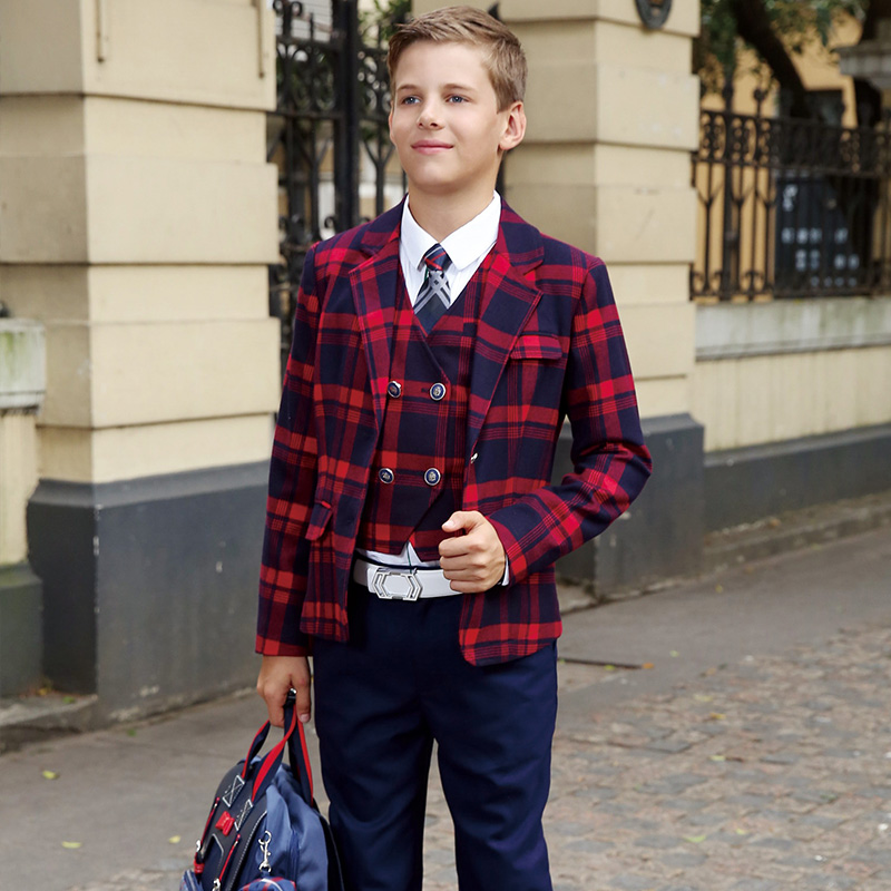 El OEM diseña la chaqueta roja elemental modificada para requisitos particulares del muchacho y de las muchachas del logotipo del uniforme escolar del modelo de la tela escocesa