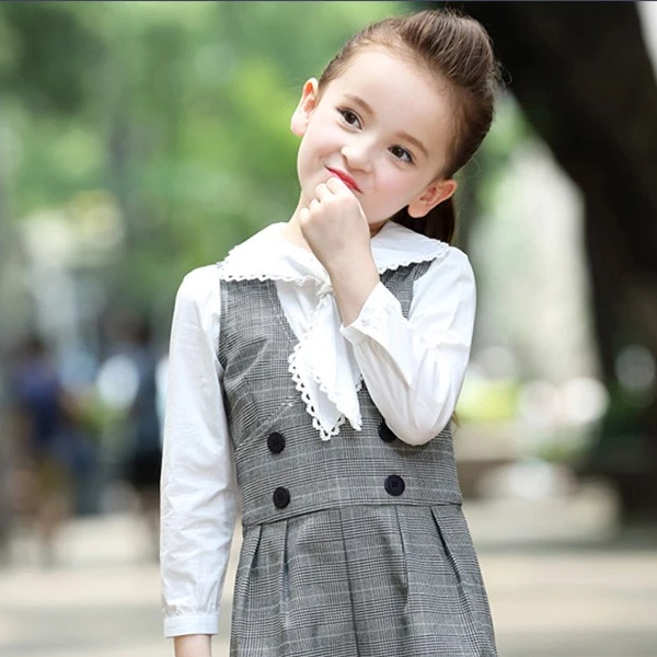 Camisa de encaje de manga larga para niñas pequeñas de 2 piezas de moda de diseño personalizado y mamelucos de cuadros grises