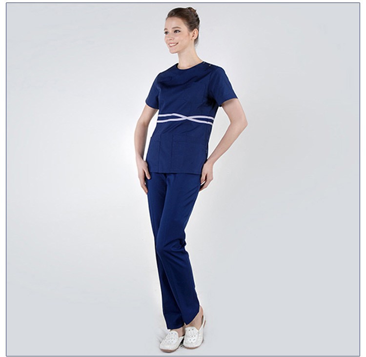Moda azul marino mujer Hospital uniforme enfermera uniforme médico Scrubs Top y pantalones
