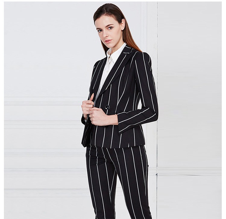 Conjunto de traje negro a rayas blancas de un solo pecho de manga larga con cuello en V de negocios para mujer de diseño personalizado