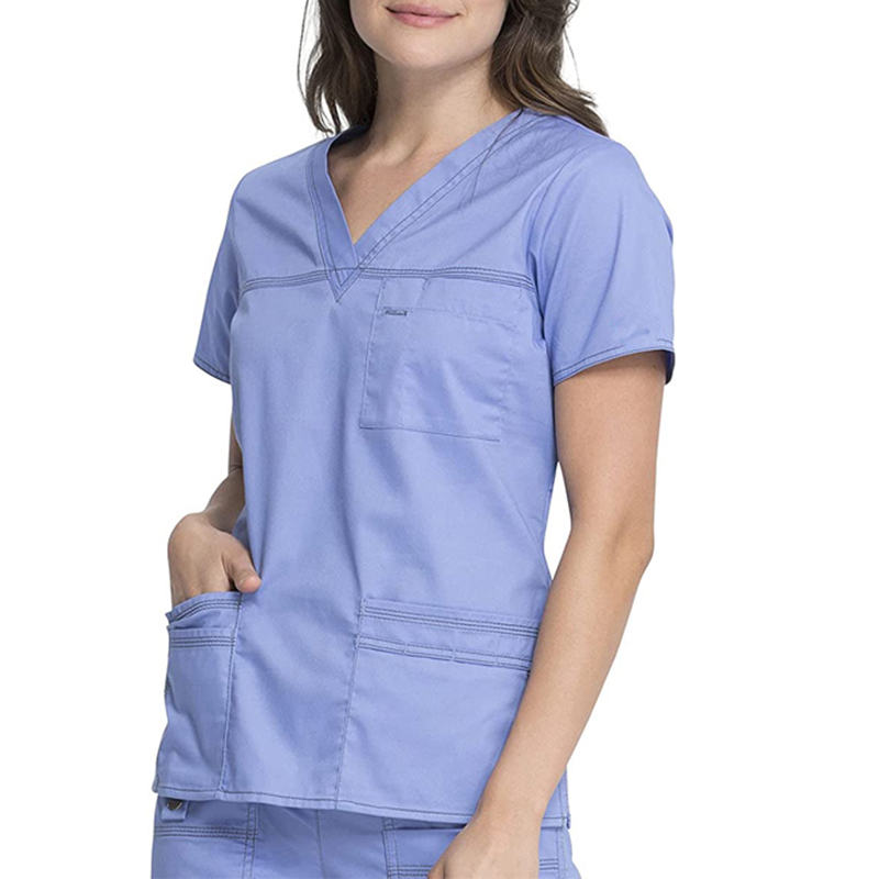 Uniforme de enfermera a la moda 100% algodón a medida, diseño liso con cuello en V