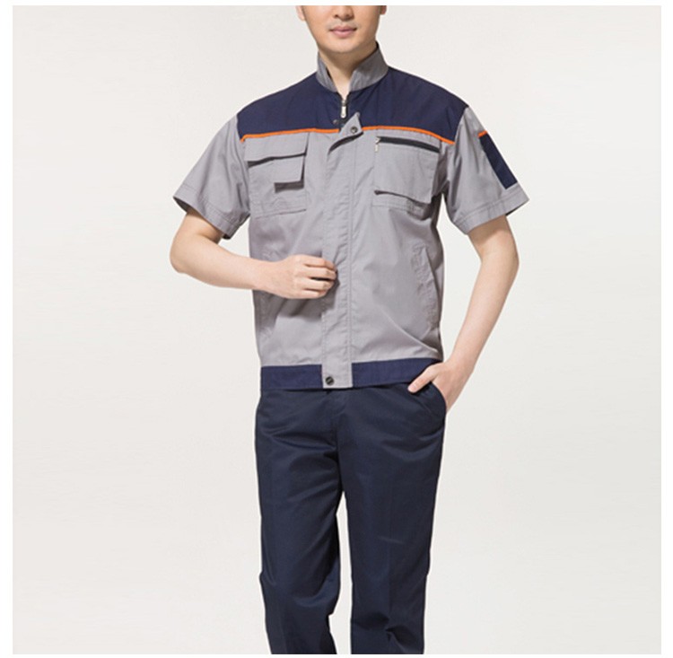 Conjunto de uniforme de trabajo de manga corta con cremallera y combinación de colores útiles de verano de fábrica con cuatro bolsillos