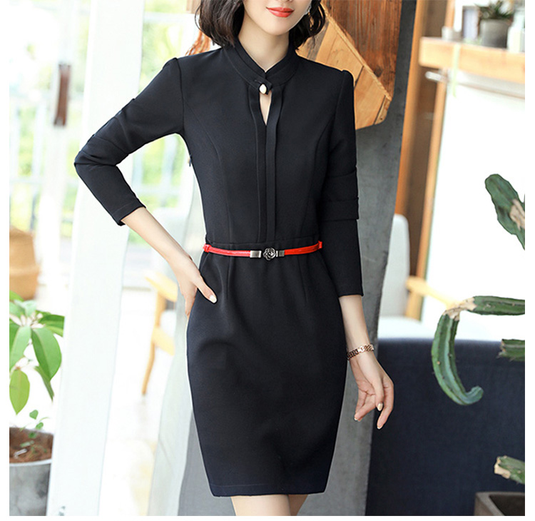 Vestido de oficina de señora de color sólido de manga larga de diseño único y elegante personalizado con cinturón