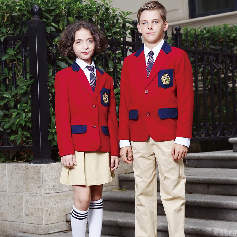 Uniformes escolares personalizados de alta calidad, chaqueta roja para niñas y niños, uniformes escolares