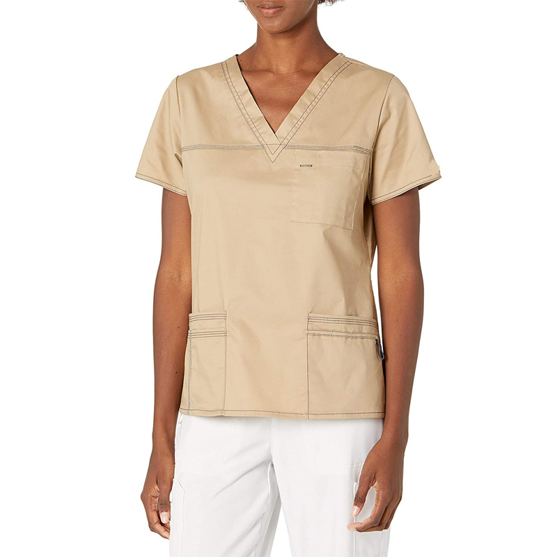 Uniforme de enfermera a la moda 100% algodón a medida, diseño liso con cuello en V