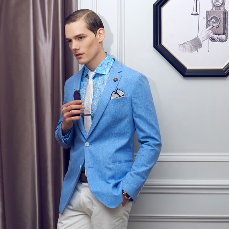 Traje de chaqueta con cuello en V de un solo pecho azul claro para hombre de verano a la moda de diseño personalizado