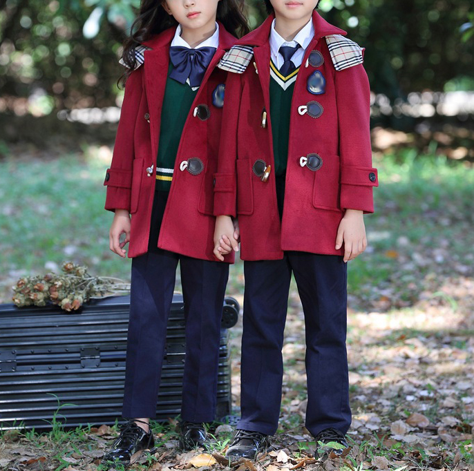 Uniforme escolar de otoño para niños, abrigo de estudiante de estilo inglés de un solo pecho con sombrero